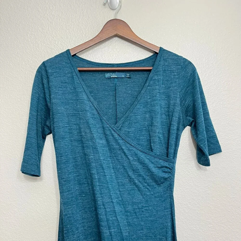 Prana Nadia Faux Wrap Dress Size Small Women's Teal Blue Wool Blend Short Sleeve - Picture 2 of 6